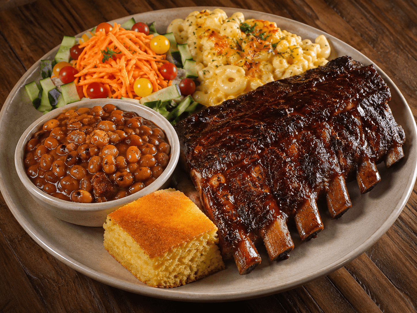 BBQ dinner plate with glazed ribs, baked beans, mac and cheese, cornbread, and fresh salad