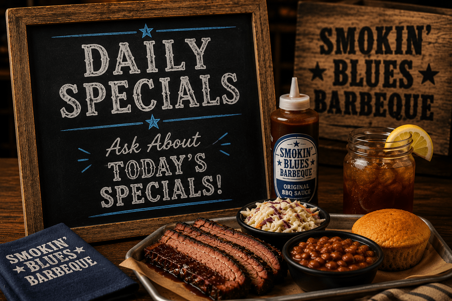 Rustic daily specials chalkboard with BBQ plates, brisket, beans, coleslaw, cornbread, and iced tea