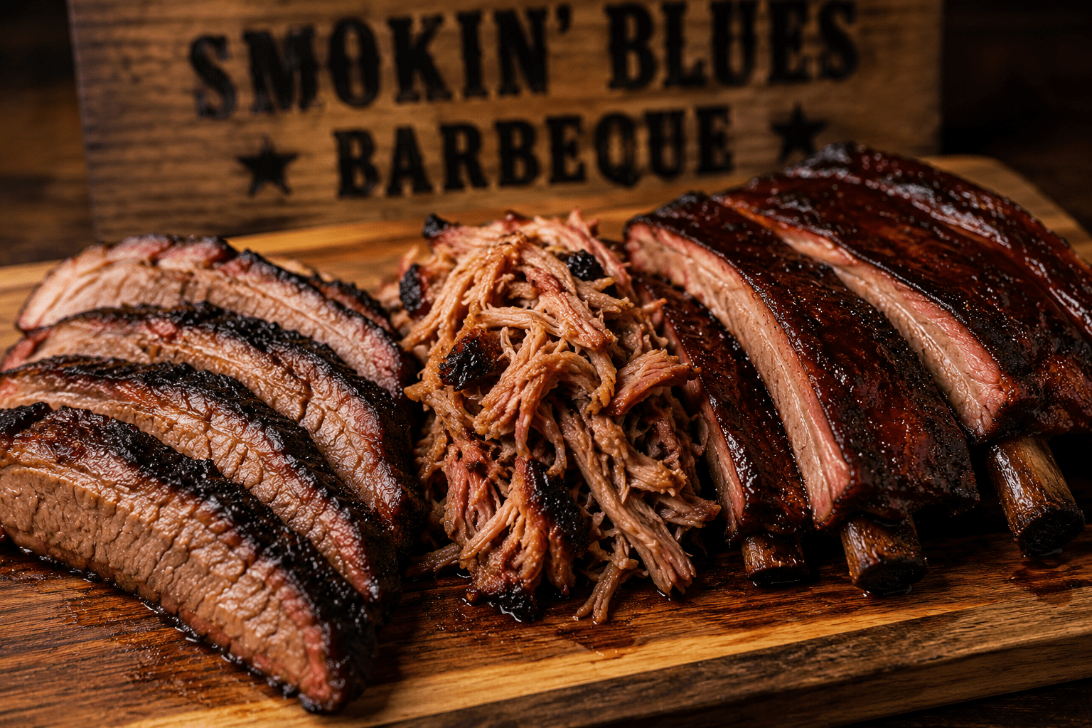 Smoked brisket, pulled pork, and ribs served on a wooden board with Smokin’ Blues Barbeque sign in the background