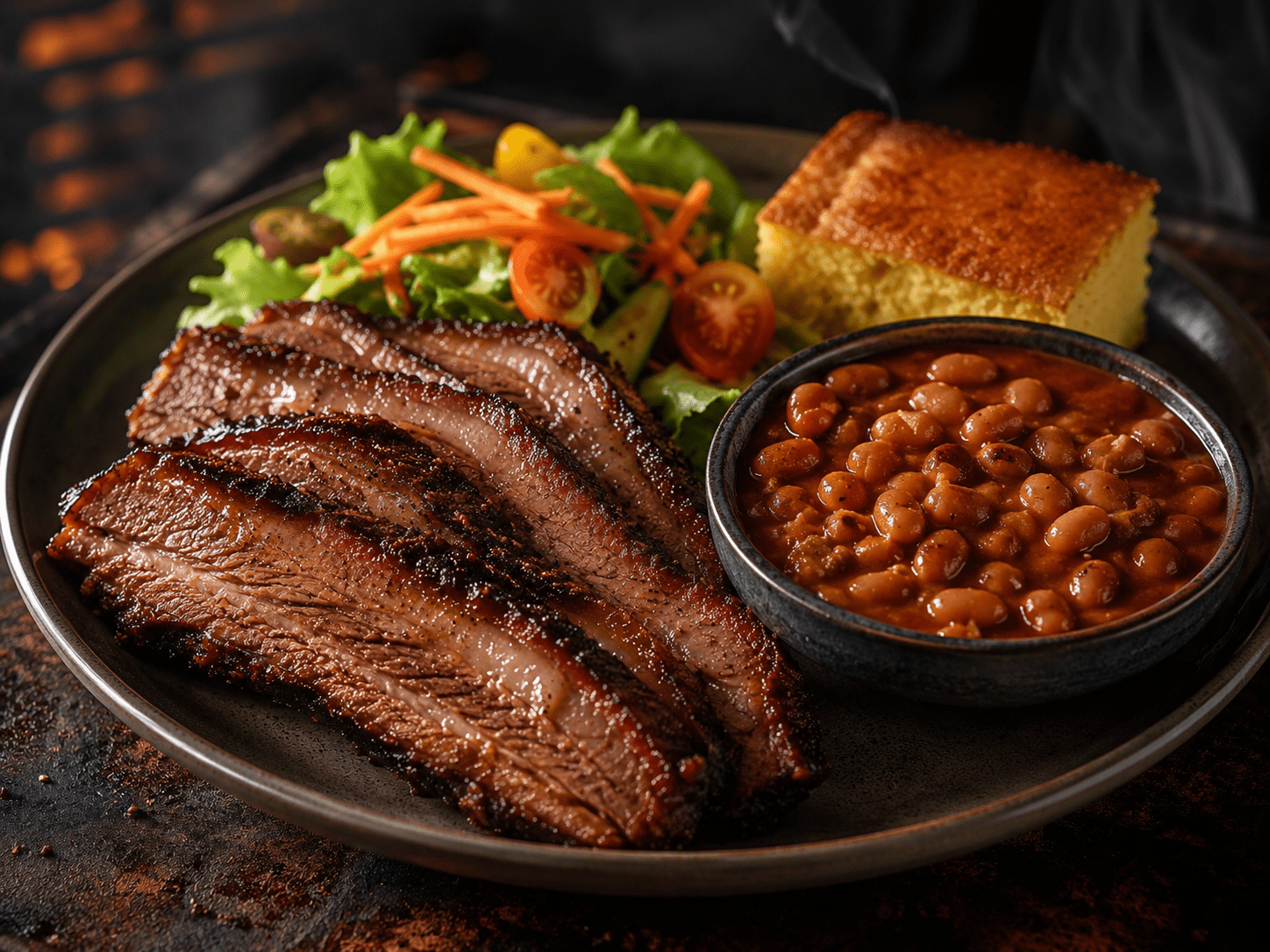 Lite meal plate with sliced smoked brisket, baked beans, cornbread, and a fresh side salad